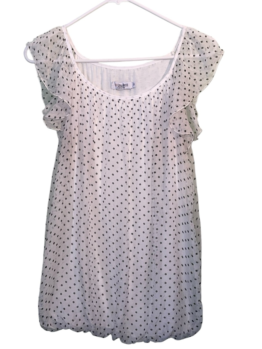 Luisa Ricci Silk Blouse in Ivory Polka Dot Flutter Sleeve & bubble hem. Size med - Picture 2 of 8
